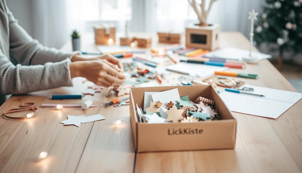 Cozy winter kindergeburtstag planning scene. A wooden table in a bright, airy room, covered with DIY craft supplies - colored paper, glue, scissors, markers. KlickKiste brand box in the foreground, filled with decorations. Soft white lights illuminate the space, casting a warm glow. Hands of a person arranging decorations and creating homemade crafts. Neutral tones of beige, white, and natural wood accents. Peaceful, focused atmosphere to capture the relaxed, thoughtful process of planning an intimate winter celebration.