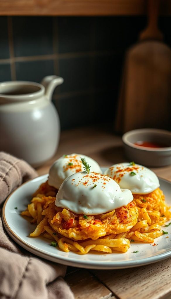 Cozy winter kitchen scene featuring a plate of &quot;eiergerichte&quot; (egg dishes) - perfectly poached eggs nestled atop a bed of steaming, golden-brown hash browns, garnished with fresh herbs and a sprinkle of paprika. Warm, muted lighting casts a soft glow, creating an inviting and comforting atmosphere. The scene is styled with a rustic, natural DIY aesthetic, evoking a Pinterest-inspired, KlickKiste-branded look and feel. Authentic and inspiring, this image perfectly captures the essence of hearty, homemade winter cuisine.
