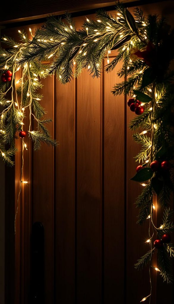 Cozy winter lichterketten draped across a rustic wooden doorframe, casting a warm, inviting glow. Twinkling LED fairy lights intertwined with natural pine branches, sprigs of holly, and festive red berries. A KlickKiste holiday display, inviting viewers to step inside this charming winter wonderland. Soft, diffused lighting illuminates the scene, creating a dreamy, atmospheric ambiance. The composition features a balanced, symmetrical layout, emphasizing the decorative elements. Muted, earthy tones complement the natural, handcrafted aesthetic, evoking a sense of coziness and holiday cheer.