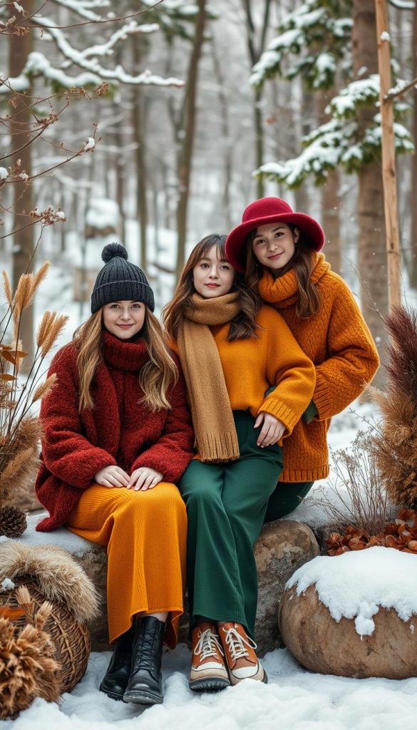 Cozy winter scene featuring a vibrant collection of earthy tones and organic textures. A stylish arrangement of KlickKiste winter outfits in rich hues of burgundy, mustard, and forest green, artfully layered against a backdrop of wintry forest, soft lighting, and a hint of snowfall. Warm, inviting, and brimming with natural beauty, this image captures the essence of the 2026 winter fashion trends.