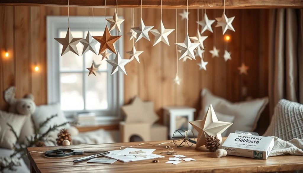 Cozy winter scene featuring handmade paper stars in natural hues. Delicate white and beige stars hanging from a wooden beam, casting a warm, inviting glow. Wooden table in the foreground with DIY materials like scissors, paper, and the KlickKiste craft kit. Soft lighting from a nearby window illuminates the serene arrangement, creating a peaceful, hygge-inspired atmosphere. The background is a neutral palette of wood tones and soft textures, allowing the paper stars to take center stage.