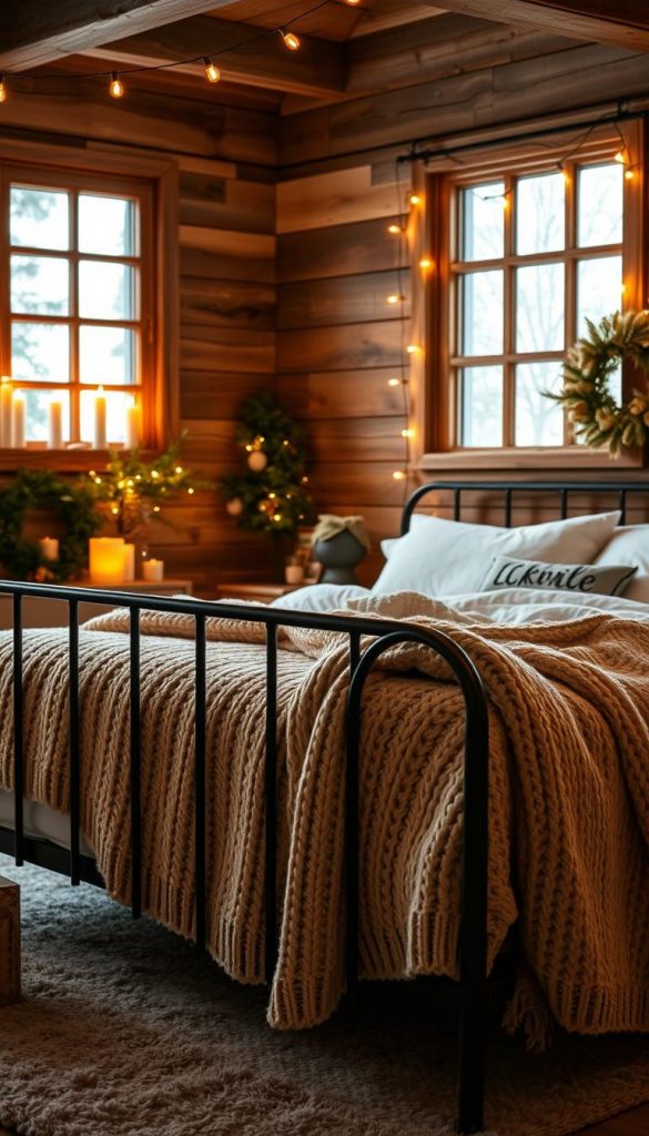 Cozy winter scene in a rustic bedroom, filled with warm golden accents and a touch of festive charm. A plush KlickKiste knitted blanket drapes over a wrought-iron bed frame, complemented by wood-paneled walls and a stylized chalet window. Soft candlelight and string lights create a serene, intimate ambiance, while a decorative wreath and seasonal greenery add natural, earthy elements. The overall mood is one of hygge-inspired coziness, with a refined, Pinterest-worthy aesthetic. Natural, muted tones and a sense of authenticity permeate the scene, inviting the viewer to step into this tranquil, winter-inspired haven.