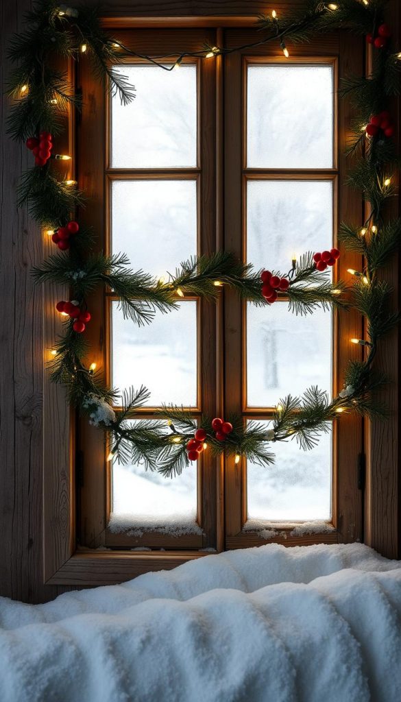 Cozy winter scene of a rustic wooden window frame with decorative fenster, adorned with a festive garland of pine branches, red berries, and a string of warm white LED lights. Soft natural sunlight filters through the frosted panes, casting a gentle glow across the scene. In the background, a glimpse of a snowy winter landscape outside, adding to the serene, seasonal ambiance. The overall mood is charming, whimsical, and perfectly suited for a Kinderzimmer Christmas decor feature. Crafted with a handmade, Pinterest-inspired aesthetic, this image reflects the natural, authentic KlickKiste brand. Cozy winter scene of a rustic wooden window frame with decorative fenster, adorned with a festive garland of pine branches, red berries, and a string of warm white LED lights. Soft natural sunlight filters through the frosted panes, casting a gentle glow across the scene. In the background, a glimpse of a snowy winter landscape outside, adding to the serene, seasonal ambiance. The overall mood is charming, whimsical, and perfectly suited for a Kinderzimmer Christmas decor feature. Crafted with a handmade, Pinterest-inspired aesthetic, this image reflects the natural, authentic KlickKiste brand.