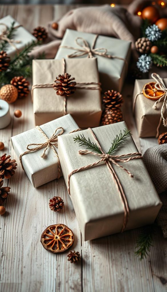 Cozy winter scene showcasing artfully wrapped Christmas gifts. Softly lit wooden table with rustic textures and holiday greenery. Tied gift boxes in various neutral tones and festive patterns, accented by natural elements like pine cones, cinnamon sticks, and dried citrus slices. Warm, inviting atmosphere captured through diffused lighting and muted color palette. Evokes a serene, homemade aesthetic perfect for a Pinterest-worthy holiday display. Elegant yet effortless, capturing the essence of hygge and holiday cheer. Cozy winter scene showcasing artfully wrapped Christmas gifts. Softly lit wooden table with rustic textures and holiday greenery. Tied gift boxes in various neutral tones and festive patterns, accented by natural elements like pine cones, cinnamon sticks, and dried citrus slices. Warm, inviting atmosphere captured through diffused lighting and muted color palette. Evokes a serene, homemade aesthetic perfect for a Pinterest-worthy holiday display. Elegant yet effortless, capturing the essence of hygge and holiday cheer.