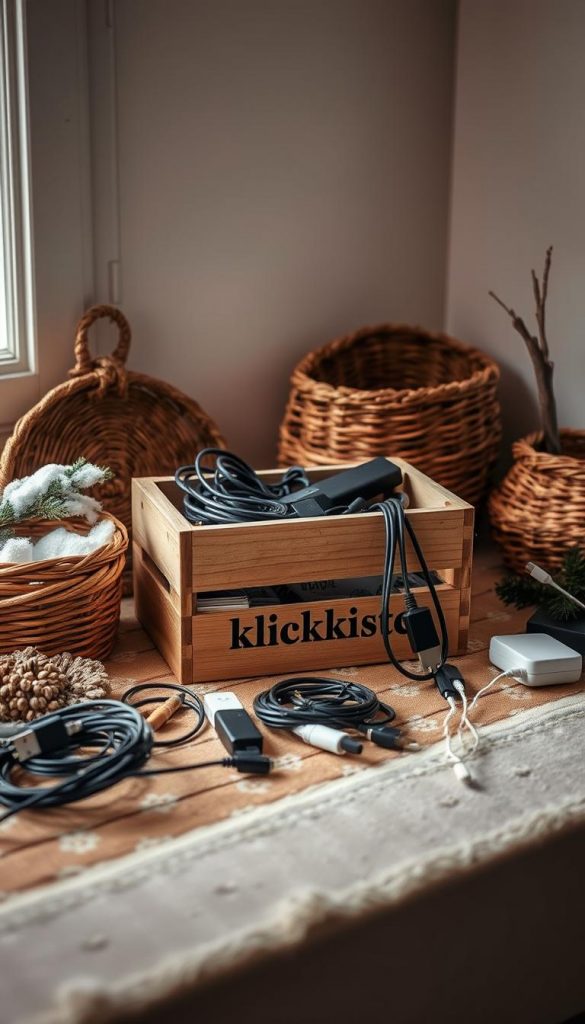 Cozy winter scene showcasing sustainable cable storage solutions. Wooden crate labeled &quot;KlickKiste&quot; on a rustic table, surrounded by natural DIY organizers like woven baskets and pine branches. Soft, warm lighting casts a moody, inspirational atmosphere. Cables, adapters, and charging devices artfully arranged, conveying a sense of order and eco-friendliness. Subtle textures and earthy tones evoke a Pinterest-worthy, handmade aesthetic. Conveys the ideas of repairing, reusing, and responsibly disposing of electronic waste.