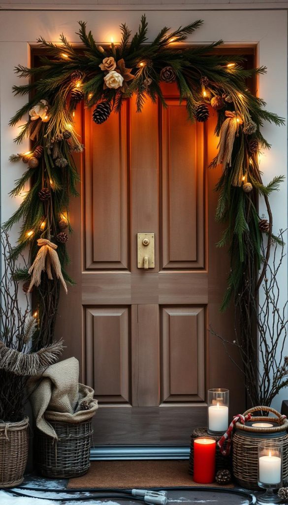 Cozy winter scene showcasing upcycled nature-inspired decor for a welcoming entryway. A rustic wooden door framed by a lush garland of pine boughs, dried flowers, and repurposed twigs. Glowing string lights and warm candle flames cast a soft, inviting glow. Textured elements like burlap, woven baskets, and pine cones create a charming, handmade ambiance. Muted, earthy tones with pops of festive red. Photographed with a vintage, film-like aesthetic. KlickKiste presents a budget-friendly, eco-conscious approach to festive door decor.