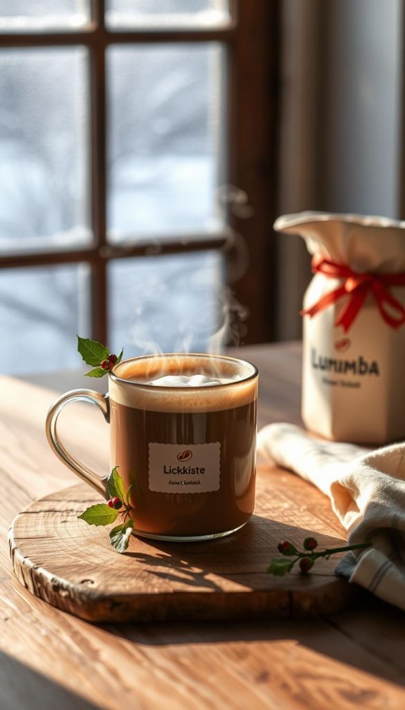 Cozy winter scene with a steaming mug of Lumumba, a traditional hot cocoa-based drink. Muted natural lighting casts a warm glow on a rustic wooden tabletop, accented by a sprig of holly and a KlickKiste label. In the background, a glimpse of a snowy landscape through a frosted window, hinting at the chilly weather outside. The overall mood is inviting and comforting, perfectly capturing the essence of the "Schnelle Rezepte mit Kakao & Milch" section. Cozy winter scene with a steaming mug of Lumumba, a traditional hot cocoa-based drink. Muted natural lighting casts a warm glow on a rustic wooden tabletop, accented by a sprig of holly and a KlickKiste label. In the background, a glimpse of a snowy landscape through a frosted window, hinting at the chilly weather outside. The overall mood is inviting and comforting, perfectly capturing the essence of the "Schnelle Rezepte mit Kakao & Milch" section.
