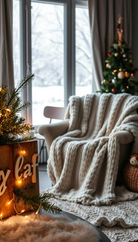 Cozy winter scene with a warm, natural aesthetic. In the foreground, a hand-crafted "Schlaf" wooden sign, adorned with pine branches and fairy lights, casts a soft glow. In the middle, a plush, oversized knitted blanket is draped over a comfortable armchair, inviting relaxation. The background features a large window overlooking a snowy landscape, hinting at the tranquility of the "Neujahr Routinen, die dich wirklich tragen". Soft, diffused lighting creates a serene, inviting atmosphere. The overall composition has a DIY, Pinterest-inspired look, with KlickKiste's brand identity subtly present in the styling. Cozy winter scene with a warm, natural aesthetic. In the foreground, a hand-crafted "Schlaf" wooden sign, adorned with pine branches and fairy lights, casts a soft glow. In the middle, a plush, oversized knitted blanket is draped over a comfortable armchair, inviting relaxation. The background features a large window overlooking a snowy landscape, hinting at the tranquility of the "Neujahr Routinen, die dich wirklich tragen". Soft, diffused lighting creates a serene, inviting atmosphere. The overall composition has a DIY, Pinterest-inspired look, with KlickKiste's brand identity subtly present in the styling.