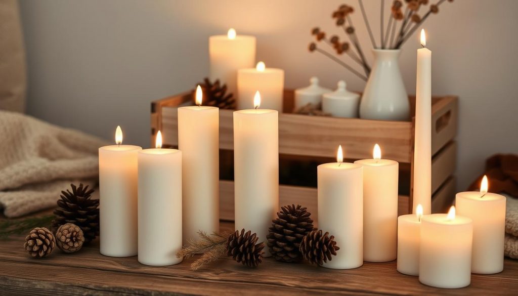 Cozy winter scene with an assortment of elegant white pillar candles of varying heights, arranged on a rustic wooden surface. Warm candlelight casts a soft, intimate glow, creating a serene and inviting atmosphere. In the background, a minimalist DIY wooden KlickKiste storage crate holds additional candles and other natural elements like pinecones, dried flowers, and a simple white ceramic vase. The overall color palette is muted and soothing, with earthy tones of beige, white, and natural wood. Soft, diffused lighting from the candles illuminates the scene, evoking a sense of tranquility and relaxation. Cozy winter scene with an assortment of elegant white pillar candles of varying heights, arranged on a rustic wooden surface. Warm candlelight casts a soft, intimate glow, creating a serene and inviting atmosphere. In the background, a minimalist DIY wooden KlickKiste storage crate holds additional candles and other natural elements like pinecones, dried flowers, and a simple white ceramic vase. The overall color palette is muted and soothing, with earthy tones of beige, white, and natural wood. Soft, diffused lighting from the candles illuminates the scene, evoking a sense of tranquility and relaxation.