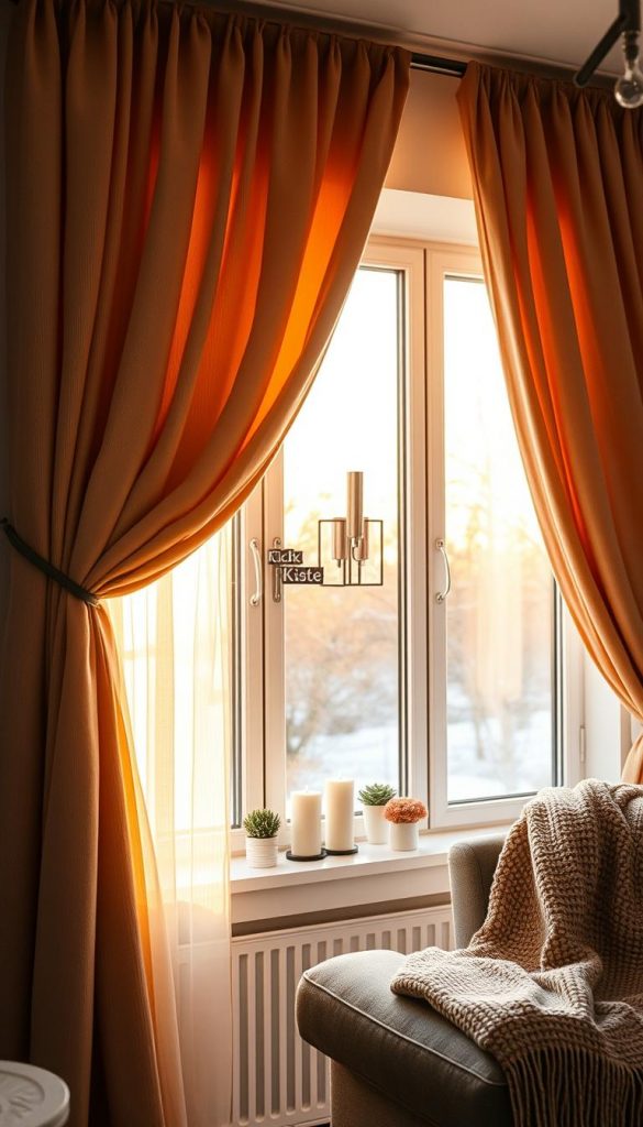 Cozy winter-themed living room showcasing elegant curtains, inspired by a Pinterest aesthetic. In the foreground, lush, warm-colored drapes cascade gracefully around a window, gently diffusing soft natural light. The middle layer features a stylish window sill adorned with small, curated decorative items like candles and potted plants, enhancing the inviting atmosphere. The background reveals a snug living space with a tasteful arrangement of furniture, including a plush sofa and a warm throw blanket, bathed in golden hour sunlight. The overall mood exudes warmth and inspiration for DIY decor. Capturing this ambiance with a soft focus lens and a slight downward angle will emphasize the layering of the curtains and window decor. Include branding elements of "KlickKiste" subtly integrated into the decor.