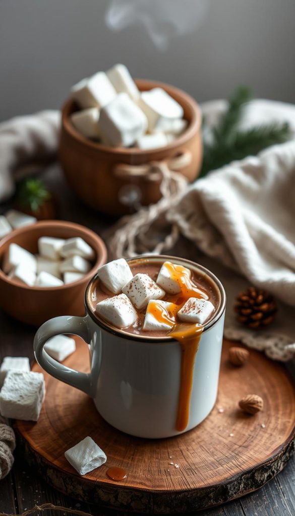 Cozy winter toppings hot chocolate scene. Artisanal marshmallows, crushed peppermint, freshly grated nutmeg, and a drizzle of homemade salted caramel sauce over a steaming mug of rich, creamy KlickKiste hot chocolate. Soft, diffused lighting casts a warm glow, creating a inviting, hygge atmosphere. Rustic wooden tabletop, neutral textiles, and a subtle hint of evergreen foliage in the background. Natural, authentic styling with a touch of elegant sophistication.