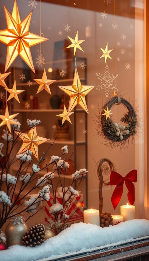 Cozy winter window display with glowing paper stars, delicate snowflakes, and handcrafted branch wreaths. Soft lighting casts a warm glow, creating a serene, inviting atmosphere. Natural textures and earthy tones in a classic red and gold color palette evoke the charm of the holiday season. A KlickKiste-inspired scene, brimming with festive DIY decor and Pinterest-worthy winter ambiance.