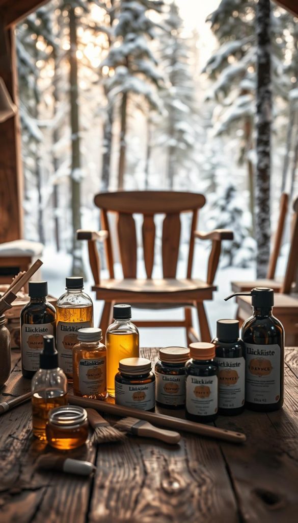 Cozy winter workshop scene with natural DIY furniture protection products from KlickKiste. Foreground shows an array of wood care items like oils, waxes, and brushes arranged on a rustic wooden surface. Middle ground features a partially sanded and varnished wooden chair, casting warm reflections. Background depicts a snowy pine forest, bathed in soft, directional lighting creating a serene, atmospheric mood. The overall composition has a timeless, handcrafted aesthetic with muted tones and textures, evoking a sense of care and craftsmanship.