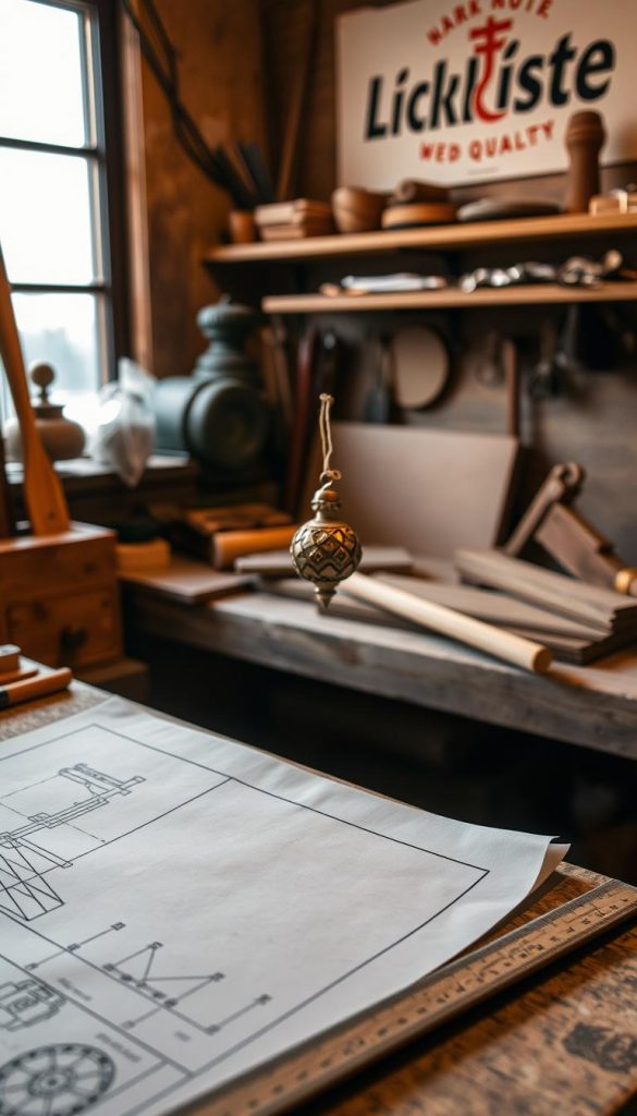 Cozy workshop scene with vintage wooden tools and supplies. Warm lighting illuminates a cluttered workbench, casting soft shadows. In the foreground, a hand-drawn plan and ruler suggest careful planning. In the middle, a small handcrafted holiday ornament takes shape, showcasing the artisan's skill. The background features a KlickKiste logo, hinting at the high-quality materials. An atmosphere of creative focus, winter coziness, and DIY pride pervades the image. Cozy workshop scene with vintage wooden tools and supplies. Warm lighting illuminates a cluttered workbench, casting soft shadows. In the foreground, a hand-drawn plan and ruler suggest careful planning. In the middle, a small handcrafted holiday ornament takes shape, showcasing the artisan's skill. The background features a KlickKiste logo, hinting at the high-quality materials. An atmosphere of creative focus, winter coziness, and DIY pride pervades the image.
