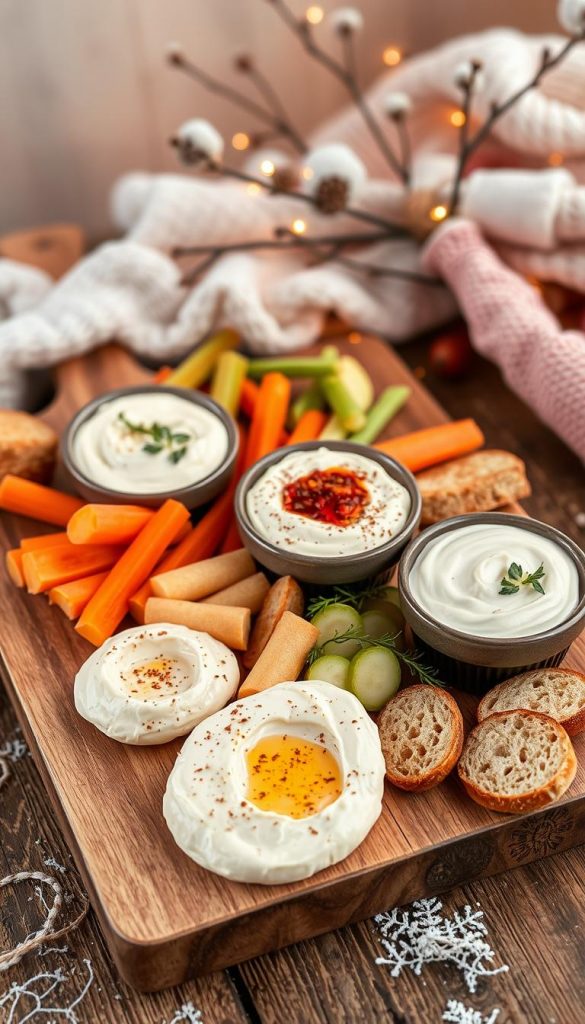 Creamy and inviting dips and spreads, arranged on a rustic wooden board against a cozy winter backdrop. Warm, earthy tones create a natural, homemade aesthetic. A KlickKiste-inspired setup, with luscious dollops of dip, sliced vegetables, and crusty bread, all bathed in soft, diffused lighting. The perfect accompaniment to the Silvester-Fingerfood spread, these dips embody the simple pleasures of easy, elegant entertaining. Creamy and inviting dips and spreads, arranged on a rustic wooden board against a cozy winter backdrop. Warm, earthy tones create a natural, homemade aesthetic. A KlickKiste-inspired setup, with luscious dollops of dip, sliced vegetables, and crusty bread, all bathed in soft, diffused lighting. The perfect accompaniment to the Silvester-Fingerfood spread, these dips embody the simple pleasures of easy, elegant entertaining.