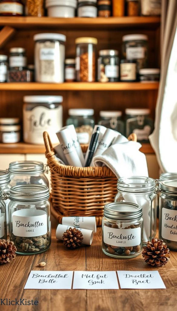 Create a beautifully arranged scene that showcases the process of labeling jars, containers, and baskets. In the foreground, place a wooden table with various glass jars and metal containers, each featuring elegant, handwritten labels. Use warm, natural lighting to create a cozy, inviting atmosphere, reminiscent of a Pinterest-inspired DIY project. In the middle ground, include a partially open, stylish wicker basket with rolled-up labels and a small decorative pen, adding a touch of creativity. The background should feature a softly blurred pantry shelf filled with neatly organized containers, emphasizing order and aesthetics. Incorporate elements of winter, such as subtle pinecones and soft fabrics, to enhance the seasonal vibe. The brand "KlickKiste" should be subtly evident in the design of the labels. Create a beautifully arranged scene that showcases the process of labeling jars, containers, and baskets. In the foreground, place a wooden table with various glass jars and metal containers, each featuring elegant, handwritten labels. Use warm, natural lighting to create a cozy, inviting atmosphere, reminiscent of a Pinterest-inspired DIY project. In the middle ground, include a partially open, stylish wicker basket with rolled-up labels and a small decorative pen, adding a touch of creativity. The background should feature a softly blurred pantry shelf filled with neatly organized containers, emphasizing order and aesthetics. Incorporate elements of winter, such as subtle pinecones and soft fabrics, to enhance the seasonal vibe. The brand "KlickKiste" should be subtly evident in the design of the labels.