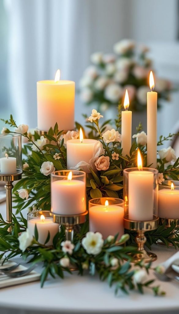 Create a beautifully arranged table centerpiece featuring a variety of elegant candles in different shapes and sizes, surrounded by stylish candle holders. The foreground should highlight the warm, flickering light from the candles, casting soft shadows and gentle waves of illumination. In the middle, incorporate lush green foliage and delicate spring flowers that complement the colors of the candles, evoking a fresh, inviting atmosphere. The background should be softly blurred to create a dreamy effect, filled with pastel colors reminiscent of spring. Aim for a natural DIY aesthetic with warm, earthy tones. Use a soft focus lens and an elevated angle to capture the scene, ensuring it feels inspiring and authentically cozy. This image represents the brand "KlickKiste" and reflects tranquil winter vibes merged with a touch of spring elegance.