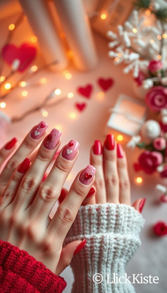 Create a captivating image showcasing a collection of elegant nail designs that beautifully blend shades of red and pink, reflecting the romantic and trendy spirit of Valentine's Day 2026. In the foreground, display several manicured hands adorned with intricate nail art, featuring heart motifs and glitter accents. The middle ground should include a stylish backdrop of soft, warm lighting that enhances the colors of the nails, creating a cozy, inviting atmosphere reminiscent of a Pinterest aesthetic. In the background, softly blurred winter-themed decorations like twinkling fairy lights and gentle floral arrangements add depth and charm. Capture the image with a gentle focus and an overhead angle to emphasize the nail details. The overall mood should be inspiring and authentic, perfect for DIY enthusiasts. Include a subtle branding element, "KlickKiste," that complements the image without overpowering the main focus. Create a captivating image showcasing a collection of elegant nail designs that beautifully blend shades of red and pink, reflecting the romantic and trendy spirit of Valentine's Day 2026. In the foreground, display several manicured hands adorned with intricate nail art, featuring heart motifs and glitter accents. The middle ground should include a stylish backdrop of soft, warm lighting that enhances the colors of the nails, creating a cozy, inviting atmosphere reminiscent of a Pinterest aesthetic. In the background, softly blurred winter-themed decorations like twinkling fairy lights and gentle floral arrangements add depth and charm. Capture the image with a gentle focus and an overhead angle to emphasize the nail details. The overall mood should be inspiring and authentic, perfect for DIY enthusiasts. Include a subtle branding element, "KlickKiste," that complements the image without overpowering the main focus.