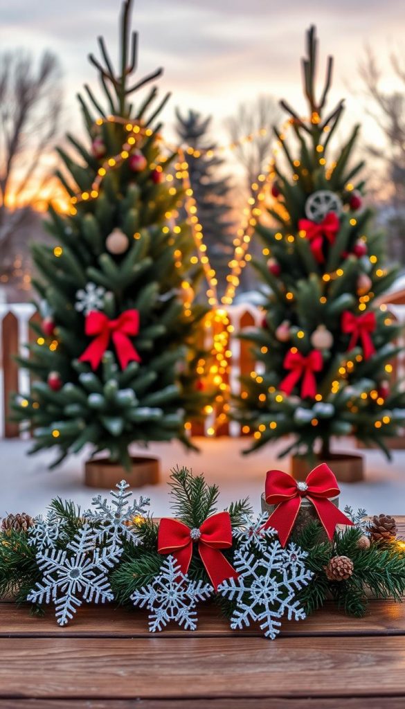 Create a captivating outdoor Christmas decoration scene emphasizing DIY charm, inspired by "KlickKiste". In the foreground, display a beautifully arranged set of weather-resistant ornaments like sparkly snowflakes and vibrant red bows on a wooden table. In the middle, hang enchanting string lights draping between two evergreen trees adorned with rustic ornaments. Incorporate natural elements like pinecones and holly, enhancing the festive vibe. In the background, show a softly snow-dusted landscape under a twilight sky, casting warm, inviting hues. Use a low angle to create depth, capturing the glow of the lights against the vibrant colors of the ornaments. The overall mood should be warm and inviting, embodying a cozy winter atmosphere perfect for the holiday season.