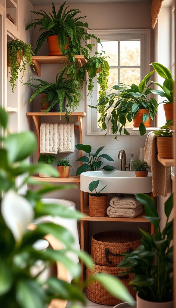 Create a cozy and inviting bathroom scene that showcases an elegant organization concept featuring a variety of vibrant plants. In the foreground, include lush green potted plants such as ferns, succulents, and peace lilies arranged on natural wood shelves, emphasizing a touch of nature. The middle ground should display a stylish, well-organized vanity with soft textile accents like fluffy towels and woven baskets in warm colors. In the background, add a softly glowing window allowing natural light to filter in, enhancing the warm, winter vibes of the atmosphere. Use a shallow depth of field to bring focus to the plants while creating a soothing ambiance. The image should have a Pinterest-inspired aesthetic, radiating inspiration and authenticity, with subtle branding elements of "KlickKiste" integrated into the decor.