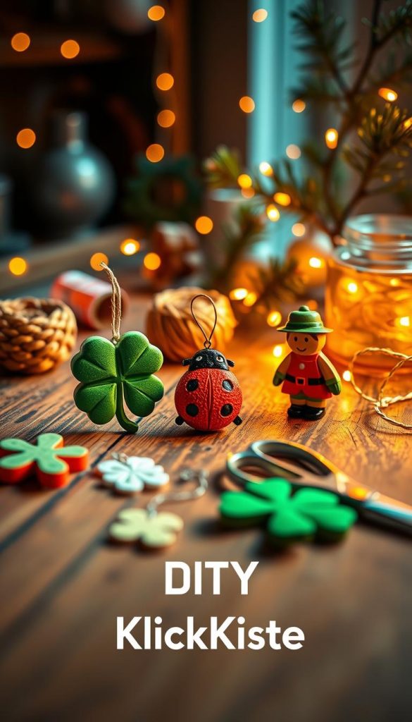 Create a cozy and inviting image of DIY New Year's lucky charms, specifically a cloverleaf, ladybug, and chimney sweep figure, arranged beautifully on a rustic wooden table. In the foreground, showcase the colorful, handmade charms displayed with warm, natural light illuminating their details. The middle ground should include DIY materials like vibrant paints, scissors, and twine, artistically scattered, enhancing the creative atmosphere. In the background, softly blurred winter-themed decorations, such as twinkling fairy lights and pine branches, add to the seasonal vibe. The overall mood should be inspirational and heartwarming, evoking a sense of creativity and festivity. Emphasize a Pinterest-worthy aesthetic with warm tones. Include the brand name "KlickKiste" subtly in the scene without any text or logos.