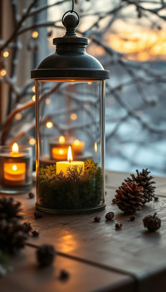 Create a cozy and inviting image of a DIY windlicht glass lantern adorned with lush green moss. In the foreground, focus on a beautifully lit glass lantern, gently glowing with warm, flickering candlelight, showcasing intricate details of moss delicately arranged around the base. In the middle ground, add a wooden table scattered with natural materials like pinecones and small twigs, hinting at a DIY project atmosphere. In the background, create a softly blurred winter scene with snow-dusted branches and a hint of twilight sky, enhancing the winter vibes. Use a soft focus lens to create a warm, inviting ambiance, capturing the essence of natural, simple elegance. The overall mood should feel authentic and inspiring, perfect for a Pinterest-worthy look, branding it subtly with &quot;KlickKiste.&quot;