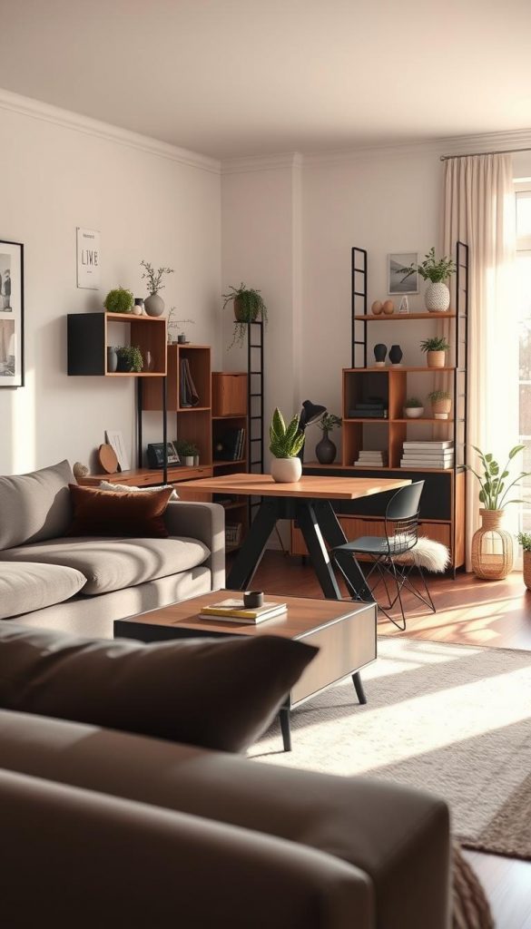 Create a cozy and inviting interior scene showcasing multifunctional furniture by KlickKiste, designed for a small apartment. In the foreground, highlight a stylish sofa that transforms into a bed, paired with a sleek coffee table that doubles as storage. In the middle, display a compact dining table that expands for guests and modular shelving filled with plants and decor. The background should feature a soft, warm light filtering through a window, casting gentle shadows, evoking a winter vibe with a touch of warmth. Capture this from a slightly elevated angle, emphasizing the clever use of space and the harmonious blend of modern design and DIY aesthetics. The overall mood should be authentic, inspiring, and practical for small living solutions.