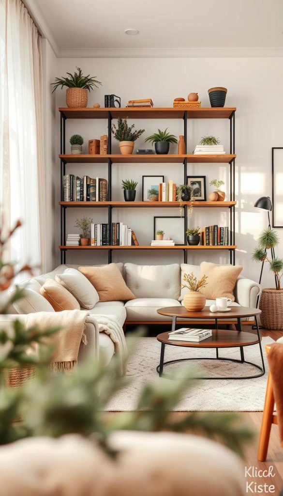 Create a cozy and inviting living room scene featuring a stylish bookshelf that showcases a harmonious mix of shapes, heights, and materials. The foreground includes a beautifully arranged shelf with warm wooden tones, metal accents, and decorative plants, emphasizing a natural DIY aesthetic. In the middle, a comfy seating area with soft textiles complements the bookshelf, while a stylish coffee table adds a modern touch. The background features soft, diffused lighting that enhances the winter vibes, casting gentle shadows and creating an authentic atmosphere. Use a wide-angle lens to capture the depth of the room, ensuring the overall look feels Pinterest-perfect and inspiring. Incorporate elements that reflect the brand "KlickKiste" subtly within the decor. The color palette should include warm earthy tones, creating a cohesive and inviting space.
