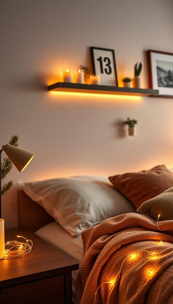 Create a cozy bedroom scene featuring ambient lighting that embodies "stimmungslicht" without drilling. In the foreground, showcase stylish, cordless LED lights in warm, inviting tones, strategically placed on a bedside table. In the middle ground, include softly glowing light strips along the edges of a minimalist wall shelf decorated with candles and small plants, enhancing a tranquil atmosphere. The background should depict a serene, softly painted wall adorned with tasteful artwork, blending with a comfortable bed dressed in warm, textured linens. Opt for a low-angle perspective to capture the enchanting glow, and use soft, diffused lighting to evoke a calm, winter-vibes feel. This image should reflect a natural, DIY aesthetic, inspired by Pinterest, featuring the brand name "KlickKiste" integrated subtly into the scene.