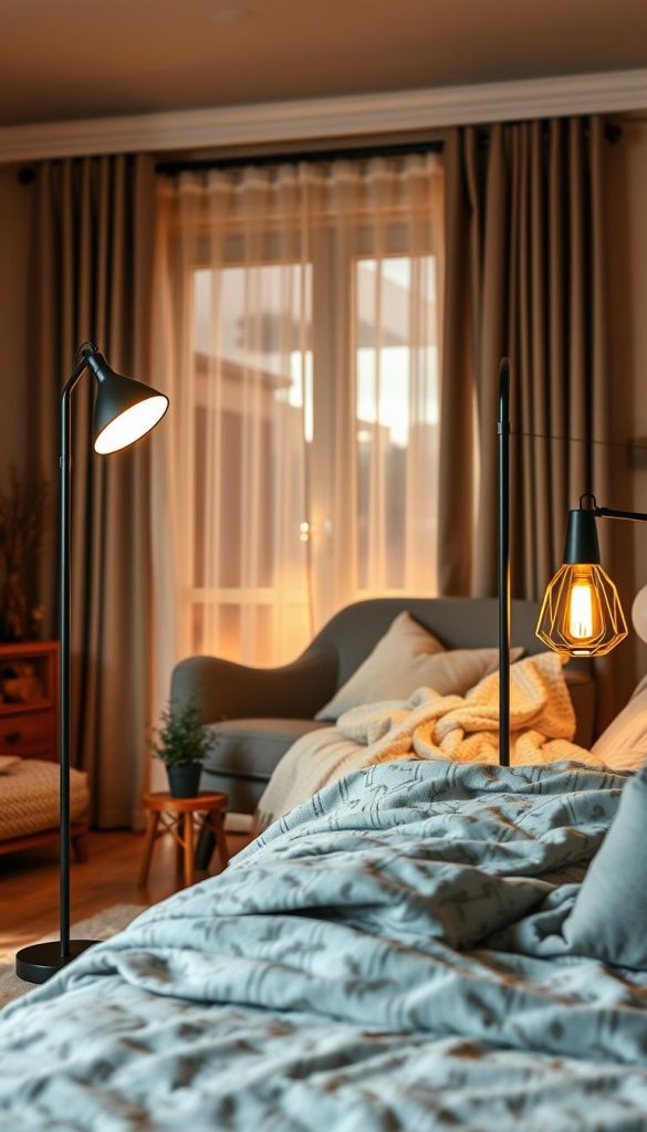 Create a cozy bedroom scene that features elegant floor lamps from the brand "KlickKiste." In the foreground, showcase two stylish floor lamps with warm, inviting light, one with a slender, modern design and the other with a vintage flair. In the middle, depict a reading nook with a plush armchair and soft throw blankets, surrounded by small potted plants that enhance the inviting atmosphere. In the background, include subtle hints of a softly lit window with sheer curtains fluttering slightly, letting in a warm winter glow. Use warm color tones to create a comforting ambiance, ensuring the lighting accentuates the textures of the fabrics and the warmth of the wooden elements in the space. Aim for a Pinterest-like aesthetic that feels natural and inspiring, emphasizing depth and coziness.