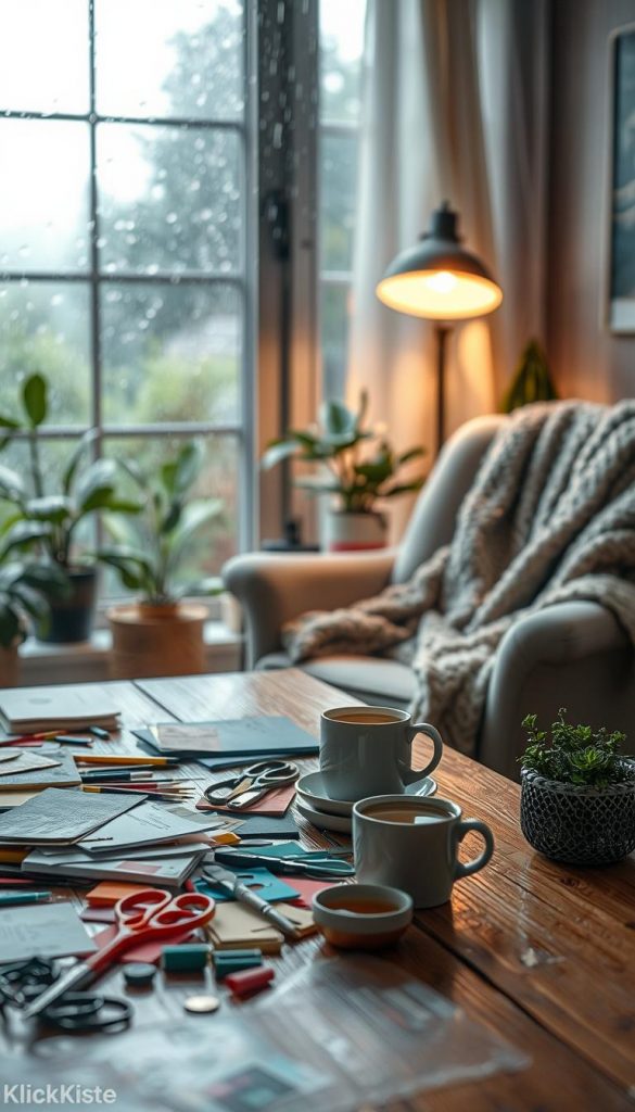 Create a cozy indoor scene on a rainy day, focusing on a well-lit crafting space that reflects warmth and creativity. In the foreground, showcase a wooden table adorned with various DIY materials like colorful papers, scissors, and paints, with soft, natural textures inviting the viewer in. The middle layer features a cozy armchair draped with a knitted blanket, next to a steaming cup of herbal tea, exuding comfort. In the background, a large window with raindrops cascading down the glass allows soft, diffused light to filter in, enhancing the warm atmosphere. Incorporate hints of greenery from houseplants and the outside world blurred by the rain. Use rich, warm colors and a Pinterest-inspired aesthetic, emphasizing authenticity and inspiration, with the brand name &quot;KlickKiste&quot; subtly integrated into the scene.
