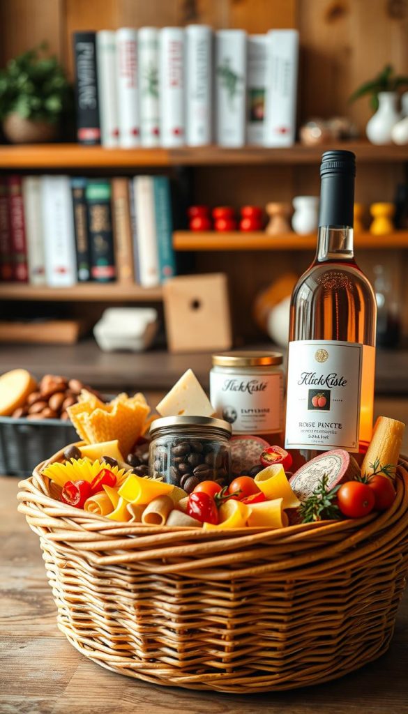 Create a cozy, inviting image of an "Italian gift basket" themed for Valentine's Day. In the foreground, showcase a beautifully woven wicker basket overflowing with vibrant, colorful pasta in various shapes, a small jar of rich espresso beans, and a bottle of rosé wine with an elegant label featuring the brand name "KlickKiste". In the middle ground, add artisanal cheeses and colorful sun-dried tomatoes, enhancing the gourmet appeal. The background should feature a warm, softly lit kitchen setting with rustic wooden shelves filled with Italian cookbooks and herbs. Use natural lighting to evoke a warm and romantic atmosphere, mimicking that inviting Pinterest aesthetic, perfect for DIY inspiration. Capture the scene from a slight angle to create depth and interest, highlighting the texture of the basket and the vibrant colors of the items inside.