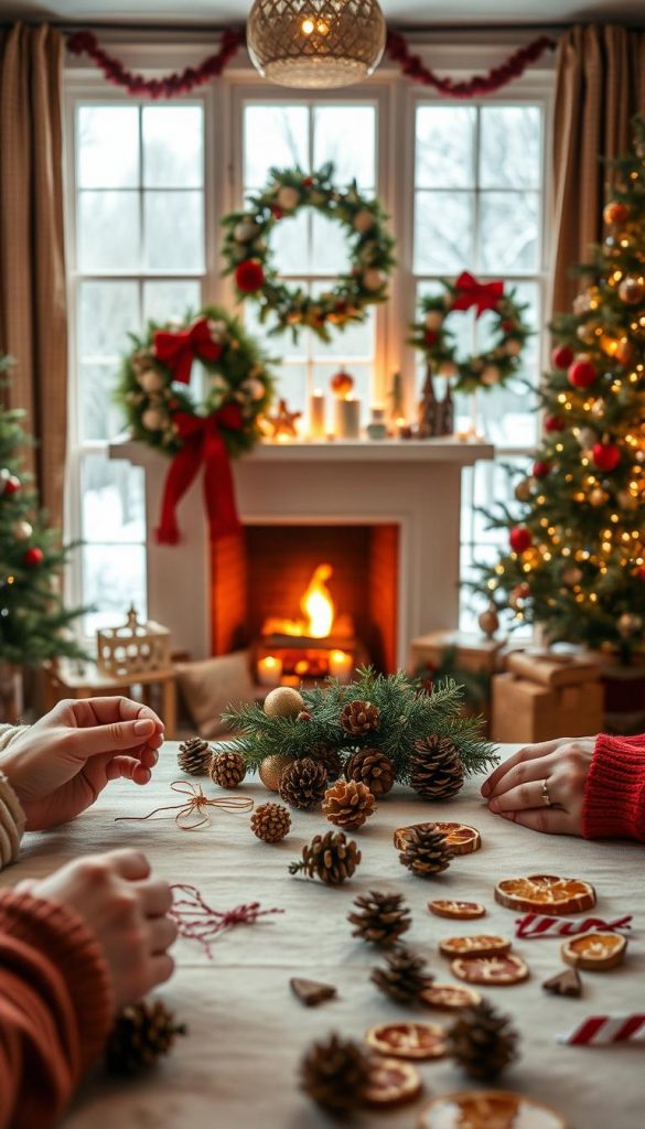 Create a cozy, inviting image that showcases DIY Christmas decorations using sustainable materials, inspired by "KlickKiste". In the foreground, display a beautifully arranged table with hands crafting various holiday decor items like pinecone ornaments, re-purposed fabric garlands, and dried orange slice decorations. The middle features a warm, glowing fireplace adorned with handmade wreaths and eco-friendly ornaments. In the background, softly lit windows reveal a gentle winter landscape with snow gently falling outside, creating a tranquil atmosphere. The entire scene should exude warmth and creativity, with a color palette of rich reds, greens, and golds, evoking a Pinterest-like aesthetic. Aim for soft, natural lighting to enhance the inviting winter vibes, and capture the mood of inspiration and sustainability.