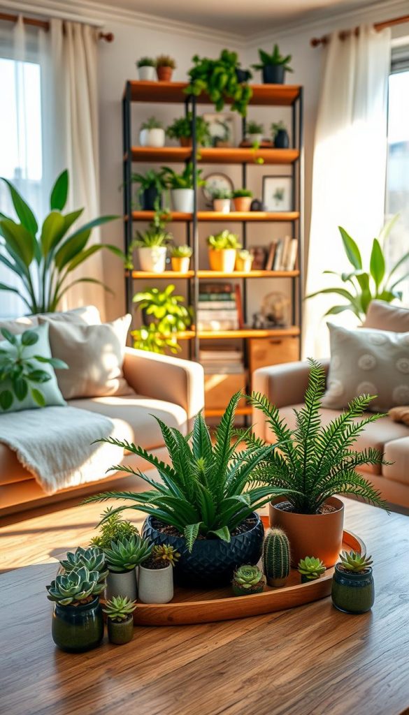 Create a cozy living room scene showcasing a variety of attractive plant clusters, embodying a natural DIY aesthetic. In the foreground, feature a beautifully arranged coffee table adorned with small succulents and a larger potted fern, surrounded by warm lighting that casts gentle shadows. The middle section should highlight a stylish bookshelf filled with a mix of vibrant green plants and decorative items, creating a Pinterest-worthy look. In the background, a window reveals soft winter light filtering through sheer curtains, enhancing the serene atmosphere. Use a wide-angle lens to capture the entire space, conveying a welcoming and inspiring vibe. The colors should be warm and inviting, echoing the brand "KlickKiste" while creating a sense of understated elegance.