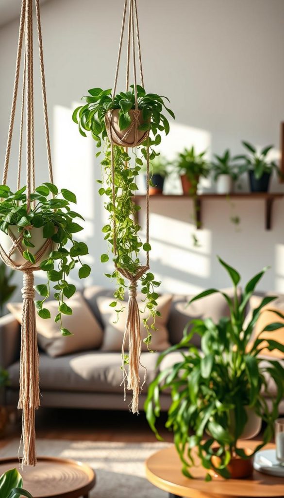 Create a cozy living room setting showcasing a variety of beautiful hanging plants ("hängepflanzen") in natural, warm colors, exuding fresh spring vibes. In the foreground, highlight elegant macramé plant hangers with lush green foliage cascading gracefully. The middle ground should feature a stylish, minimalistic shelf adorned with different types of potted plants, blending harmoniously into the space. The background can include a softly lit window with gentle sunlight pouring in, casting warm shadows that enhance the inviting atmosphere. Incorporate elements like a comfortable sofa with neutral cushions and rustic decor accents to emphasize a homey feel. Ensure the scene reflects a Pinterest-worthy aesthetic that is both authentic and inspiring, embodying the essence of smart plant styling. Include the brand name "KlickKiste" subtly in the background design.