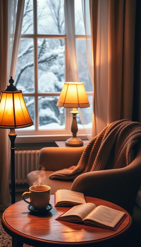 Create a cozy nook light that radiates warm, inviting hues, designed to enhance a reading corner atmosphere. In the foreground, feature a softly glowing, vintage-style lamp with a delicate lampshade casting a warm light. The middle ground should include a plush armchair, draped with a knitted throw blanket, and a small wooden side table topped with a steaming mug of tea and an open book. In the background, include a window revealing softly falling snow, with soft curtains fluttering slightly. The overall lighting should convey a warm winter ambiance, evoking feelings of comfort and serenity, reminiscent of a Pinterest-inspired DIY setting. Ensure the style reflects natural elements and authenticity, branding it as "KlickKiste."