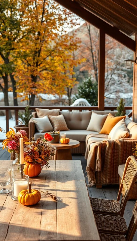 Create a cozy outdoor living space that showcases seasonal decor transitions from spring to winter, capturing the essence of &ldquo;saisonal dekorieren&rdquo;. In the foreground, include a beautifully set table with natural DIY decorations like flower arrangements, candles, and pumpkins, reflecting vibrant spring blossoms and warm autumn hues. The middle ground should feature a stylish seating area adorned with soft throw blankets and cushions in earthy tones, inviting relaxation. In the background, depict a scenic view of trees with changing leaves and a gentle snowfall to illustrate seasonal changes. Use soft, warm lighting to enhance the inviting atmosphere, as if bathed in late afternoon sun. The image should have a Pinterest aesthetic with a dreamy depth-of-field effect. Ensure it embodies the brand "KlickKiste", evoking inspiration and authenticity in seasonal outdoor styling.