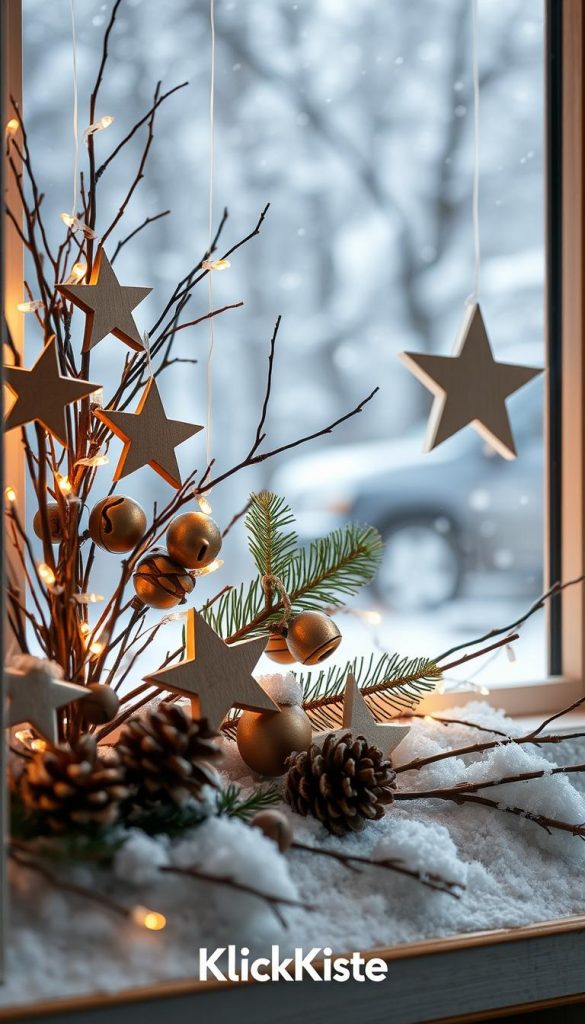 Create a cozy winter scene featuring a beautifully arranged window decoration made from natural forest finds. In the foreground, showcase an assortment of twigs, pine cones, and handmade wooden stars, all gently draped with delicate string lights. In the middle ground, include soft jingle bells and a sprig of evergreen, artfully positioned to enhance the festive ambiance. The background should suggest a softly blurred window, revealing a softly falling snow outside, casting a warm glow as natural light filters in. Capture a Pinterest-worthy aesthetic with warm, inviting colors and a nostalgic winter vibe. Ensure the overall atmosphere is inspiring and aesthetically pleasing, perfect for a DIY holiday decoration theme. Include the brand name "KlickKiste" clearly in the design.