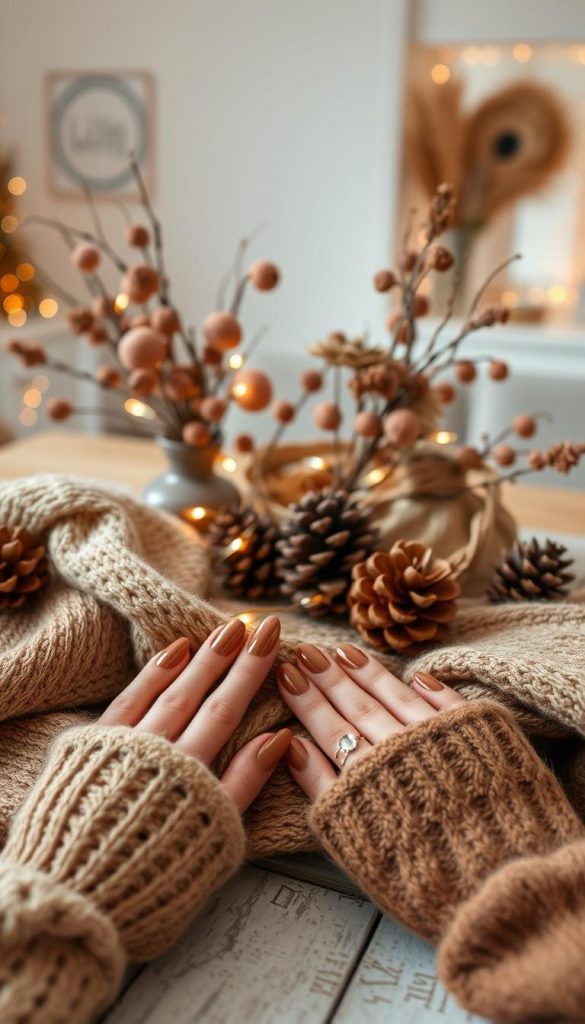 Create a cozy winter scene featuring a stylish arrangement that showcases "braun töne" (brown tones). In the foreground, display elegantly crafted winter nails painted in rich, warm browns, perhaps with subtle gold accents. Surround these nails with chic winter accessories like a soft knitted scarf and a pair of stylish gloves, all harmonizing in earthy tones. In the middle, include an inviting, rustic wooden table adorned with seasonal decor elements such as pinecones, twinkling fairy lights, and elegantly arranged dried flowers in muted shades. In the background, fade into a softly lit room with warm ambient light, creating an intimate atmosphere. Use natural lighting to enhance the textures and colors, capturing a serene and inspiring winter vibe, reflecting the brand "KlickKiste." Aim for a Pinterest-worthy aesthetic that feels authentically DIY.