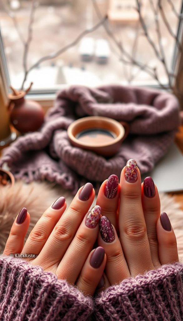 Create a cozy winter-themed image showcasing a collection of elegant plum nail designs inspired by TikTok and Pinterest trends. In the foreground, display a neatly arranged set of hands with intricately painted plum nails featuring subtle sparkles and delicate accents like gold leaf or floral patterns. The nails should be varied in styles, showcasing matte, glossy, and glitter finishes. In the middle ground, include a softly lit workspace with warm-toned accessories, like a knit scarf and a steaming cup of herbal tea, to evoke a comfort vibe. The background should feature soft, blurred winter scenery, with gently falling snowflakes and muted, earthy tones that enhance the inviting atmosphere. Capture this scene with a warm light source, focusing on a shallow depth of field to emphasize the nail designs. Include a tasteful branding element indicating "KlickKiste."