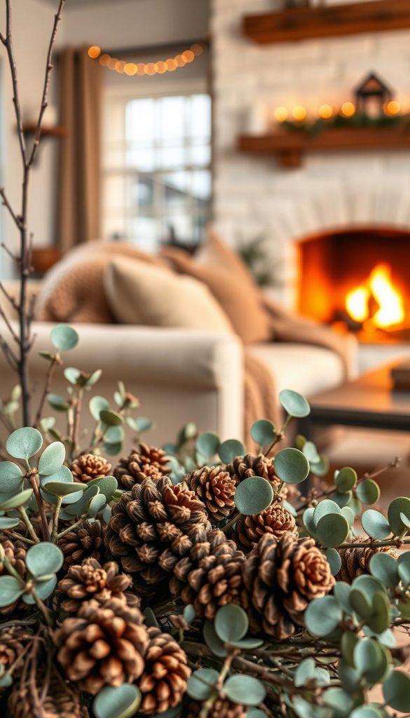 Create a cozy winter-themed image showcasing an arrangement of natural elements inspired by pinecones, twigs, and eucalyptus. In the foreground, feature a collection of intricately detailed pinecones surrounded by soft, muted green eucalyptus leaves and rustic twigs, creating a sense of warmth and inviting texture. The middle ground should include a softly lit living room setting with a plush couch draped in warm, knitted blankets, enhancing the cozy atmosphere. In the background, suggest a fireplace with a gentle glow, adding ambiance with flickering flames and a soft orange hue. Use natural, warm lighting to evoke a sense of comfort and tranquility, while ensuring the entire scene embodies an authentically inspiring Pinterest look, perfect for a winter home makeover by KlickKiste.