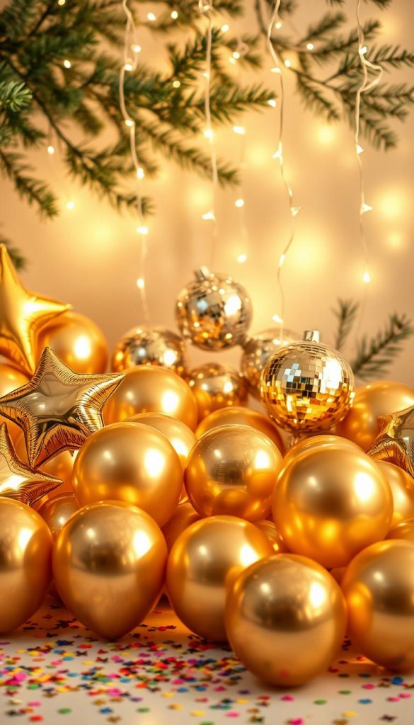 Create a festive and elegant scene showcasing "gold styling" for New Year’s Eve balloon decorations. In the foreground, display an array of shimmering gold balloons of different sizes, some shaped like stars, scattered with colorful confetti. In the middle, incorporate disco balls reflecting light, surrounded by delicate strands of fairy lights that create a warm, inviting glow. The background should feature a soft, winter-themed setting with hints of greenery, like pine branches adorned with gold accents, exuding cozy vibes. Use warm, soft lighting to enhance the atmosphere, capturing the spirit of celebration. The image should evoke feelings of joy and anticipation, inspiring viewers with a Pinterest-worthy DIY aesthetic. Include the brand name "KlickKiste" subtly integrated into the design without any text overlays or signatures. Create a festive and elegant scene showcasing "gold styling" for New Year’s Eve balloon decorations. In the foreground, display an array of shimmering gold balloons of different sizes, some shaped like stars, scattered with colorful confetti. In the middle, incorporate disco balls reflecting light, surrounded by delicate strands of fairy lights that create a warm, inviting glow. The background should feature a soft, winter-themed setting with hints of greenery, like pine branches adorned with gold accents, exuding cozy vibes. Use warm, soft lighting to enhance the atmosphere, capturing the spirit of celebration. The image should evoke feelings of joy and anticipation, inspiring viewers with a Pinterest-worthy DIY aesthetic. Include the brand name "KlickKiste" subtly integrated into the design without any text overlays or signatures.