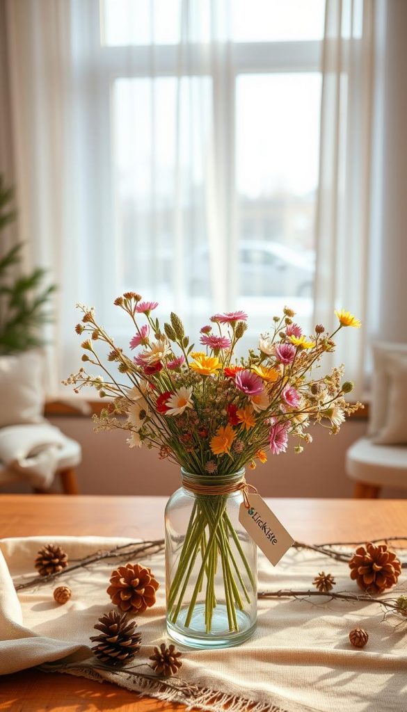 Create a picturesque scene of a sustainable flower decoration set up in a cozy, warmly lit room. In the foreground, feature a beautifully arranged bouquet of wildflowers in an upcycled glass vase, surrounded by small eco-friendly decorative elements like pinecones and twigs. In the middle, include a rustic wooden table draped with a soft, neutral-toned fabric, accentuating the natural beauty of the flowers. The background should softly showcase a window with sheer curtains letting in gentle winter sunlight, enhancing the inviting atmosphere. The color palette should include warm earth tones, creating a Pinterest-worthy aesthetic. Aim for an authentic, inspiring mood that resonates with nature's beauty and the concept of DIY creativity. Include the brand name "KlickKiste" subtly on a small tag attached to the vase. Create a picturesque scene of a sustainable flower decoration set up in a cozy, warmly lit room. In the foreground, feature a beautifully arranged bouquet of wildflowers in an upcycled glass vase, surrounded by small eco-friendly decorative elements like pinecones and twigs. In the middle, include a rustic wooden table draped with a soft, neutral-toned fabric, accentuating the natural beauty of the flowers. The background should softly showcase a window with sheer curtains letting in gentle winter sunlight, enhancing the inviting atmosphere. The color palette should include warm earth tones, creating a Pinterest-worthy aesthetic. Aim for an authentic, inspiring mood that resonates with nature's beauty and the concept of DIY creativity. Include the brand name "KlickKiste" subtly on a small tag attached to the vase.