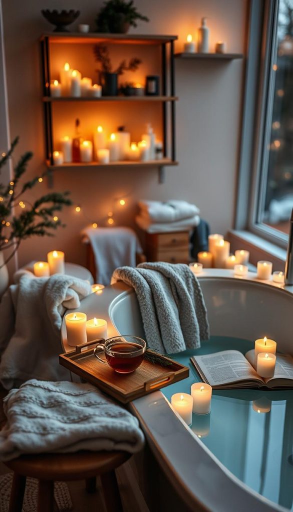 Create a serene and cozy scene that embodies the essence of "Stimmungslicht, das entspannt" for a winter evening self-care setup. In the foreground, showcase a stylish bathtub surrounded by flickering candles in various shapes, casting a warm glow. Incorporate soft LED lights strung along the edge of the tub and dimmers to enhance the atmosphere. In the middle ground, add plush towels draped elegantly on a nearby stool, alongside a small wooden tray with herbal tea and a book, inviting relaxation. In the background, create warm, inviting decor with natural textures, like wooden shelves displaying neatly arranged bath products. Capture this intimate setting using soft, diffused lighting, mimicking the golden hour, with a slight tilt-angle for depth. Evoke a winter vibe with subtle greenery, and ensure a Pinterest-worthy aesthetic to inspire tranquility. The overall mood should be authentic and inspiring, reflecting the style of "KlickKiste".