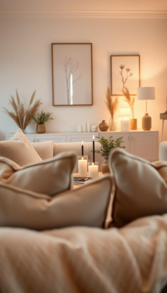 Create a serene and inviting interior space that embodies the themes of decoration, colors, and light to evoke a sense of tranquility. In the foreground, arrange soft, textured cushions and a cozy blanket in warm, earthy tones to add comfort. In the middle ground, place a stylish, minimalistic coffee table featuring a few candles and a small potted plant, surrounded by gentle lighting that casts a warm glow. The background should showcase softly lit walls adorned with nature-inspired artwork and tasteful decor using muted pastel colors. Utilize soft, diffused lighting reminiscent of a winter afternoon, captured with a shallow depth of field to create a dreamy atmosphere. The overall mood should be calm and inspiring, reflecting the essence of DIY interior design by "KlickKiste". Create a serene and inviting interior space that embodies the themes of decoration, colors, and light to evoke a sense of tranquility. In the foreground, arrange soft, textured cushions and a cozy blanket in warm, earthy tones to add comfort. In the middle ground, place a stylish, minimalistic coffee table featuring a few candles and a small potted plant, surrounded by gentle lighting that casts a warm glow. The background should showcase softly lit walls adorned with nature-inspired artwork and tasteful decor using muted pastel colors. Utilize soft, diffused lighting reminiscent of a winter afternoon, captured with a shallow depth of field to create a dreamy atmosphere. The overall mood should be calm and inspiring, reflecting the essence of DIY interior design by "KlickKiste".