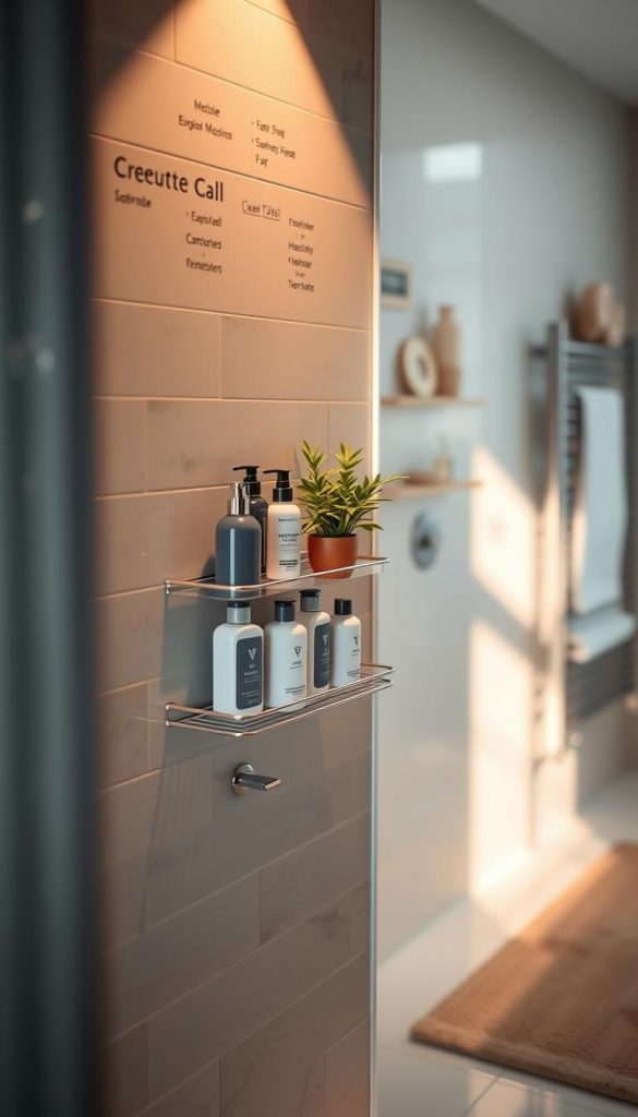 Create a serene bathroom scene featuring a stylish, modern shower corner showcasing a "KlickKiste" shower shelf that adheres without drilling. In the foreground, focus on the shelf filled with essential bath products such as shampoo bottles, body wash, and a small potted plant for a touch of greenery. Place the shelf against a beautifully tiled wall, displaying a clean and organized aesthetic. In the middle, include a soft, warm light casting gentle shadows, enhancing the cozy atmosphere. The background should have blurred hints of a neatly arranged bathroom decor, like a towel rack and a luxury bath mat. Capture a Pinterest-style vibe with natural, warm colors that evoke a peaceful spa-like feeling. Ensure the lighting feels inviting and warm, reminiscent of a sunny winter day.