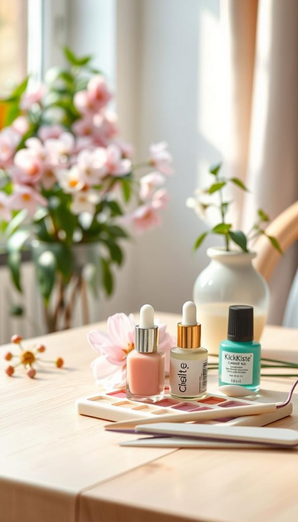 Create a serene image showcasing “nail care tips” in a cozy, inspiring setting. In the foreground, display a delicate arrangement of various nail care products like cuticle oil, nail files, and a pastel-colored nail polish palette, beautifully arranged on a light wooden table. In the middle, softly blurred floral elements like cherry blossoms or daisies provide a hint of spring, emphasizing a fresh, vibrant atmosphere. The background should hint at an inviting, sunlit room with plants peeking out of a window, casting gentle light onto the scene. The overall mood should convey warmth and approachability, with a Pinterest aesthetic. Include the brand name "KlickKiste" subtly, ensuring it enhances the visual charm without overpowering it. Use soft, natural lighting to highlight textures and create a harmonious balance in colors. Create a serene image showcasing “nail care tips” in a cozy, inspiring setting. In the foreground, display a delicate arrangement of various nail care products like cuticle oil, nail files, and a pastel-colored nail polish palette, beautifully arranged on a light wooden table. In the middle, softly blurred floral elements like cherry blossoms or daisies provide a hint of spring, emphasizing a fresh, vibrant atmosphere. The background should hint at an inviting, sunlit room with plants peeking out of a window, casting gentle light onto the scene. The overall mood should convey warmth and approachability, with a Pinterest aesthetic. Include the brand name "KlickKiste" subtly, ensuring it enhances the visual charm without overpowering it. Use soft, natural lighting to highlight textures and create a harmonious balance in colors.