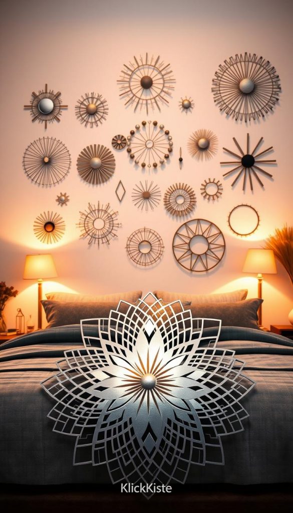 Create a stunning image showcasing a collection of modern metal art and 3D wall objects for a stylish bedroom decor. In the foreground, display an elegant metallic wall sculpture with intricate geometric patterns and a polished surface, reflecting warm light. The middle section should feature a variety of 3D wall pieces in diverse shapes and sizes, each offering a unique fusion of minimalism and bold design, displayed against a soft, muted wall color. In the background, capture a cozy bedroom scene with natural elements like wooden accents and soft textiles. Employ warm, ambient lighting to enhance a welcoming and inspiring atmosphere, reminiscent of a Pinterest-worthy DIY aesthetic. Include a subtle brand reference to "KlickKiste" in the design.