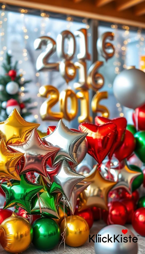 Create a vibrant and festive scene featuring an array of foil balloons in various colors and sizes, including metallic gold, silver, red, and green. In the foreground, arrange a cluster of star-shaped and heart-shaped balloons tied together with shiny ribbons, capturing the essence of New Year’s Eve celebrations. In the middle ground, display a few larger balloons, including numbers reflecting the year, elegantly floating above. The background should be softly blurred to include twinkling fairy lights and a suggestive winter-themed setting, evoking a warm and inviting atmosphere. Use natural lighting to highlight the reflective surfaces of the balloons, enhancing their glossy textures. Emphasize a DIY aesthetic with a cozy, Pinterest-inspired vibe. Include the brand name "KlickKiste" subtly integrated into the overall design, ensuring it complements the festive theme. Create a vibrant and festive scene featuring an array of foil balloons in various colors and sizes, including metallic gold, silver, red, and green. In the foreground, arrange a cluster of star-shaped and heart-shaped balloons tied together with shiny ribbons, capturing the essence of New Year’s Eve celebrations. In the middle ground, display a few larger balloons, including numbers reflecting the year, elegantly floating above. The background should be softly blurred to include twinkling fairy lights and a suggestive winter-themed setting, evoking a warm and inviting atmosphere. Use natural lighting to highlight the reflective surfaces of the balloons, enhancing their glossy textures. Emphasize a DIY aesthetic with a cozy, Pinterest-inspired vibe. Include the brand name "KlickKiste" subtly integrated into the overall design, ensuring it complements the festive theme.