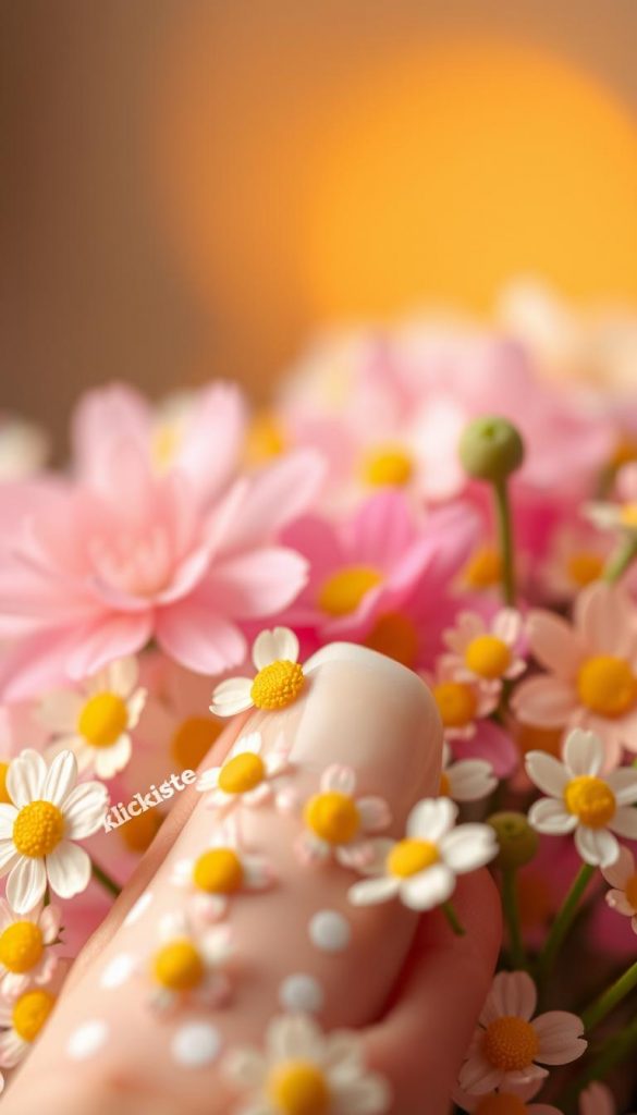 Create a vibrant and inviting image featuring a close-up of daisy dots amidst soft, delicate florals. In the foreground, display a hand-painted nail design showcasing tiny, cheerful daisies painted over a light pastel base, complemented by gentle dot patterns. Gradually transition to a variety of ethereal flowers in the middle layer, incorporating shades of pink and yellow with subtle greens for a fresh spring feel. In the background, utilize a warm, natural light setting that suggests a soft sunset, enhancing the cozy, inviting atmosphere. Capture the overall mood as cheerful and inspiring, with a touch of DIY charm reminiscent of Pinterest aesthetics. Include the brand name "KlickKiste" subtly integrated into the floral details, ensuring a polished and professional look.